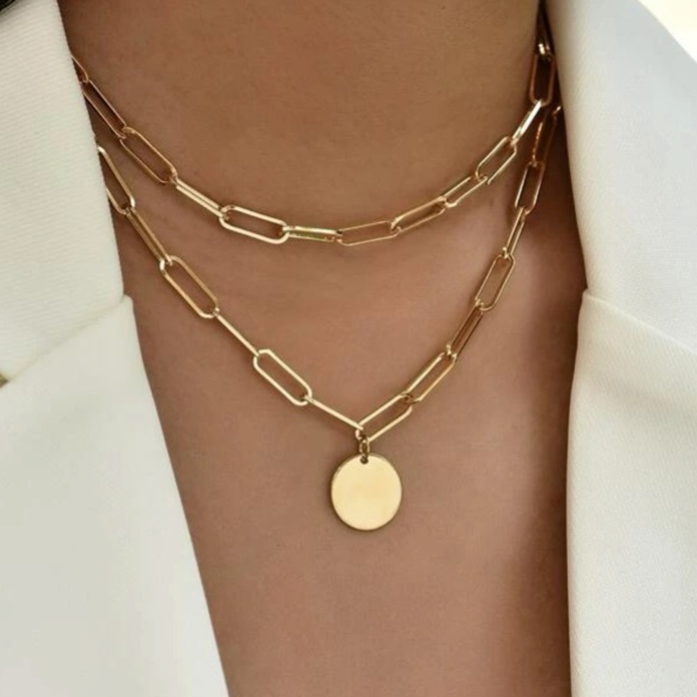 Layered Paperclip Chain w/Disc Necklace